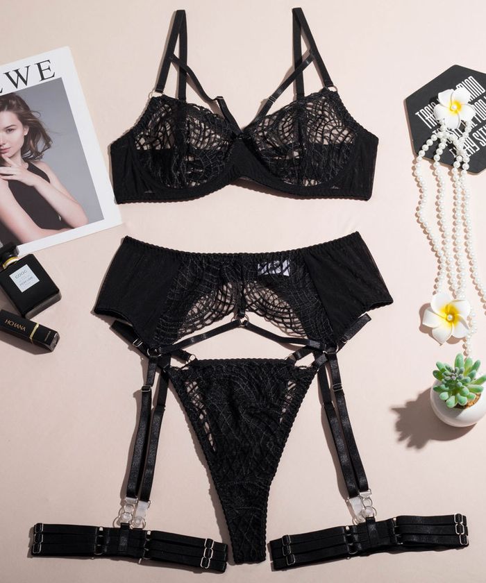 Black Sheer Floral Embroidery Lingerie