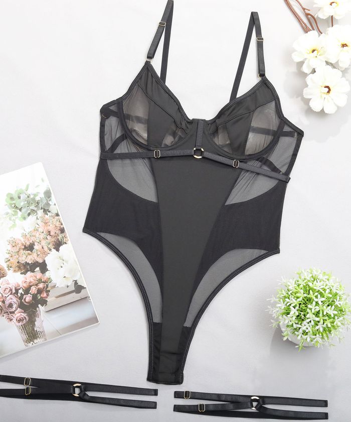 BlackSheerStrappyBodysuitLingerie