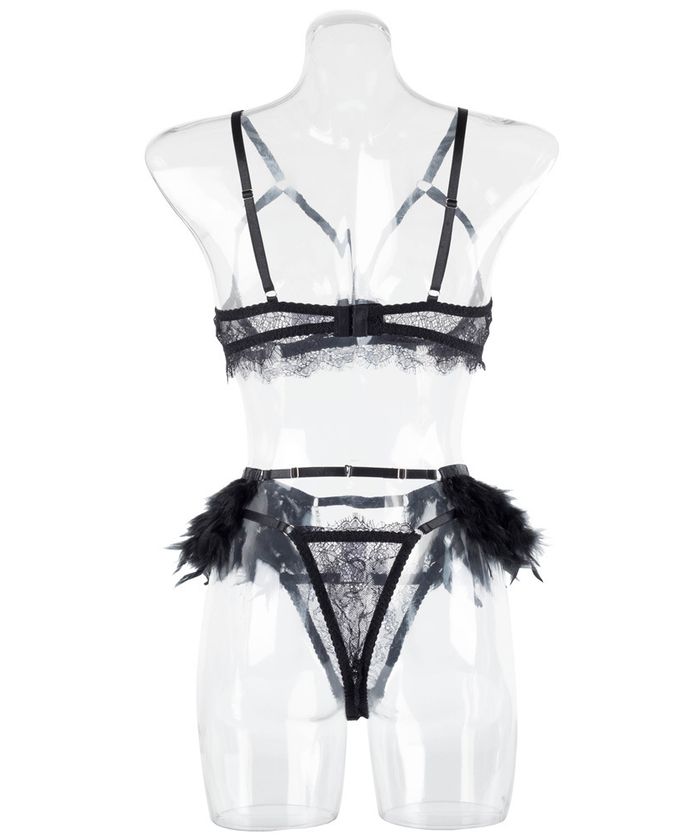 Black Strappy Feather Chain Lingerie