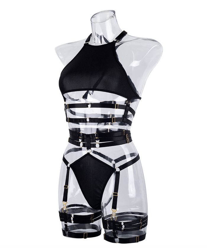 Black Strappy High Waist Harness Lingerie