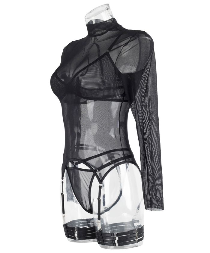 Black Transparent Bodysuit Garter Lingerie