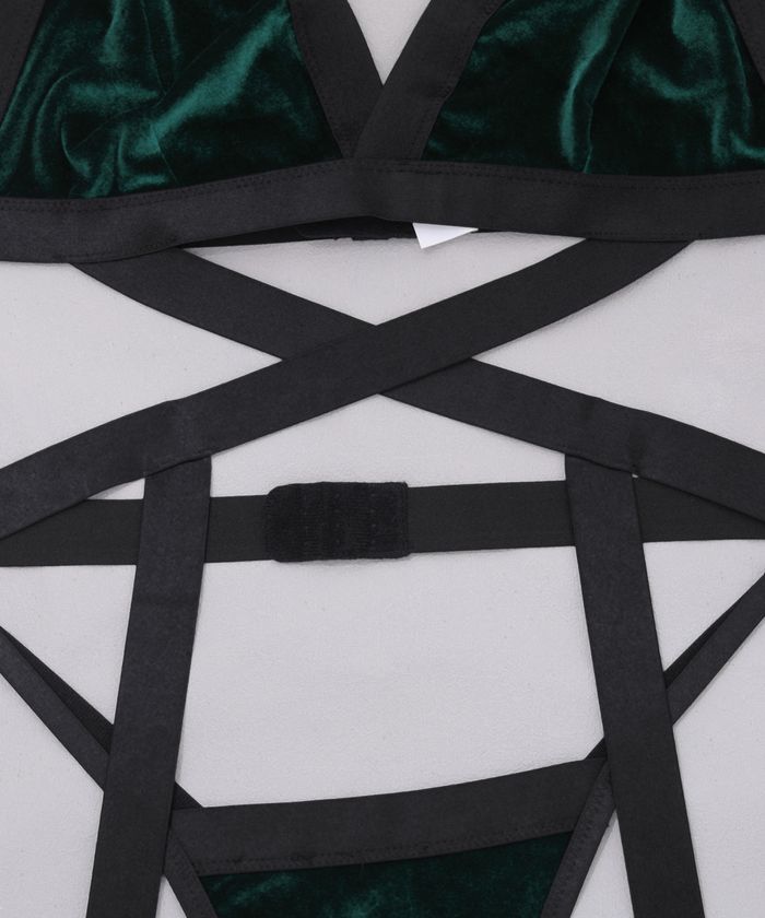 Black and Green Velvet Strappy Backless Lingerie