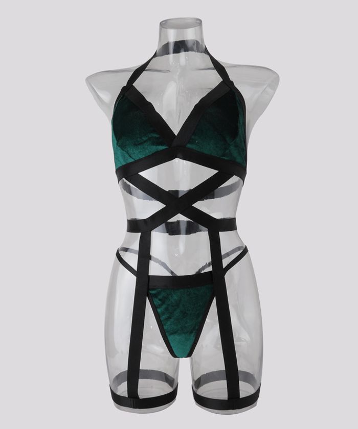 Black and Green Velvet Strappy Backless Lingerie