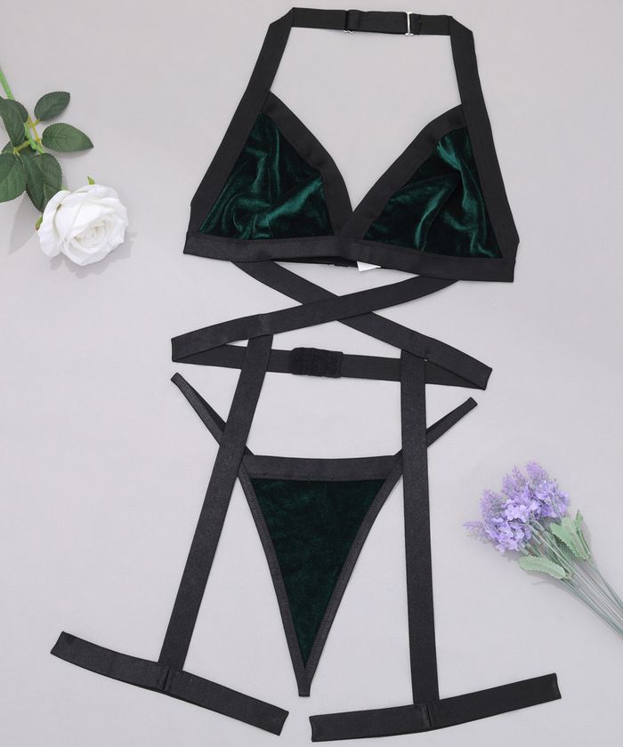 Black and Green Velvet Strappy Backless Lingerie