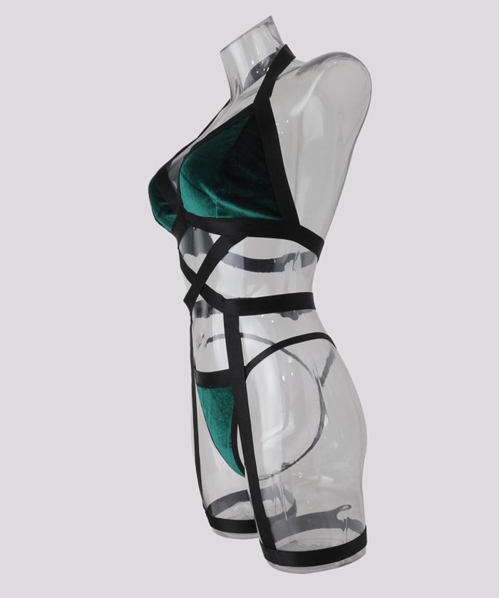 Black and Green Velvet Strappy Backless Lingerie