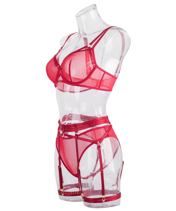 Burgundy Mesh High Waist Strappy Lingerie