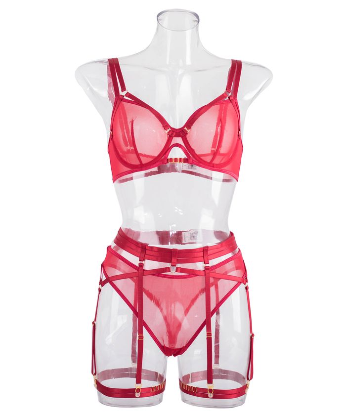 Burgundy Mesh High Waist Strappy Lingerie