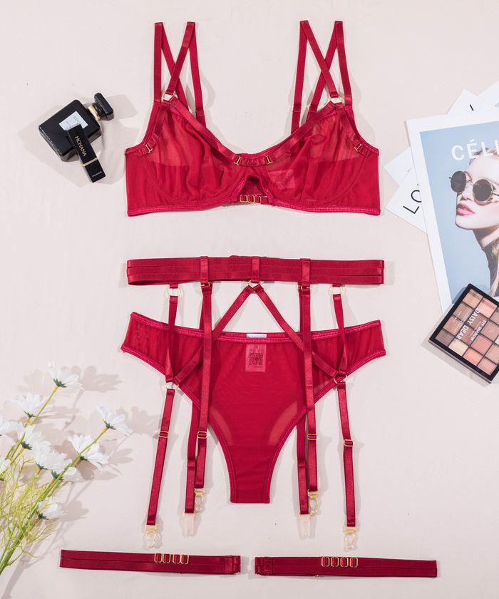 Burgundy Mesh High Waist Strappy Lingerie