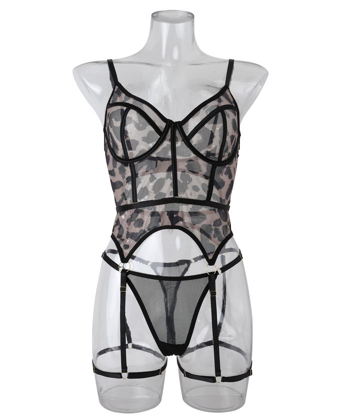 Leopard Print Mesh Strappy Lingerie