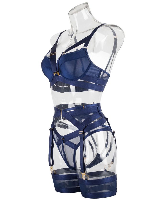 Navy Blue Strappy Underwire Garter Lingerie