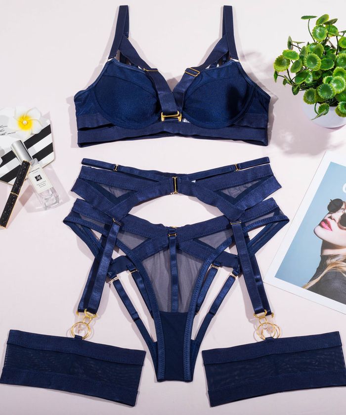 Navy Blue Strappy Underwire Garter Lingerie