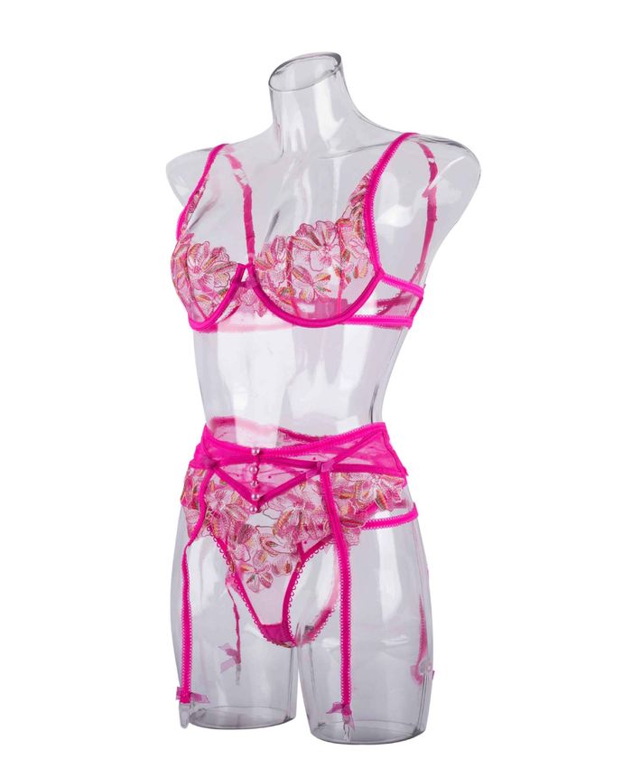 Pink Floral Embroidery High Waist Lingerie