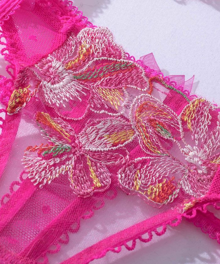 Pink Floral Embroidery High Waist Lingerie