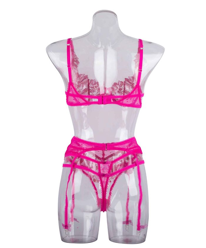 Pink Floral Embroidery High Waist Lingerie