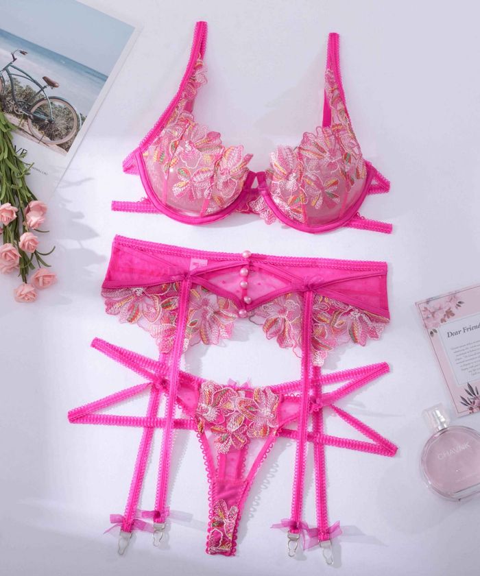 Pink Floral Embroidery High Waist Lingerie