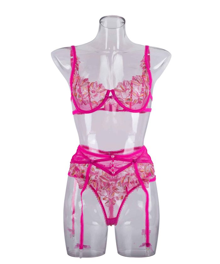 Pink Floral Embroidery High Waist Lingerie