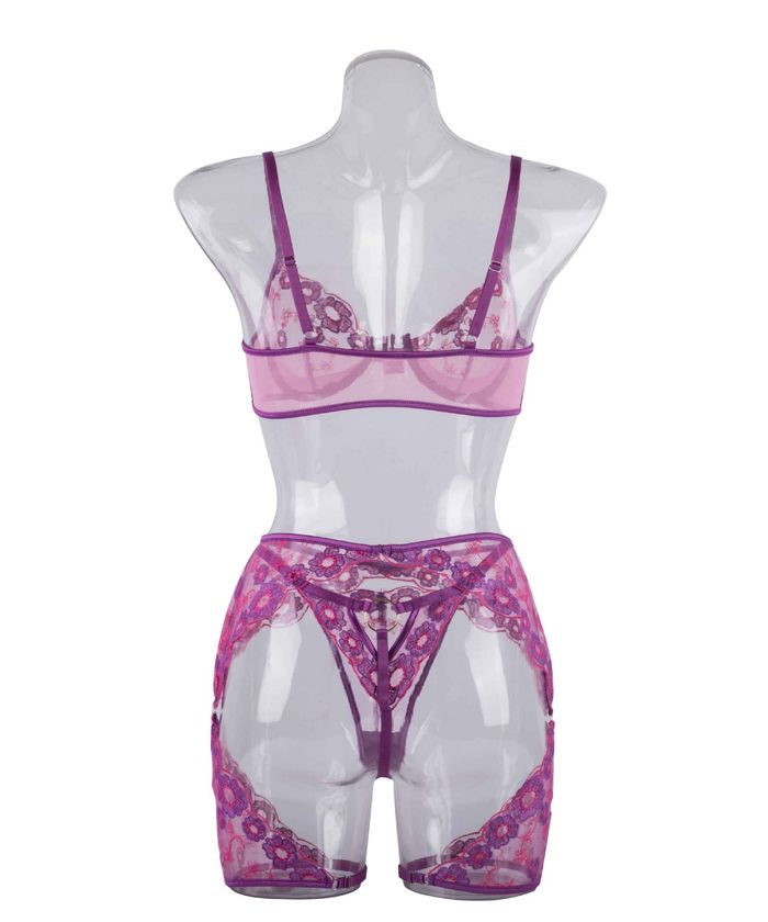 Pink Purple Lace Floral Cutout Lingerie