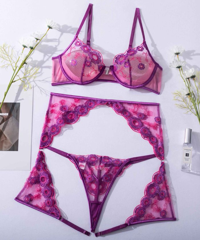 Pink Purple Lace Floral Cutout Lingerie