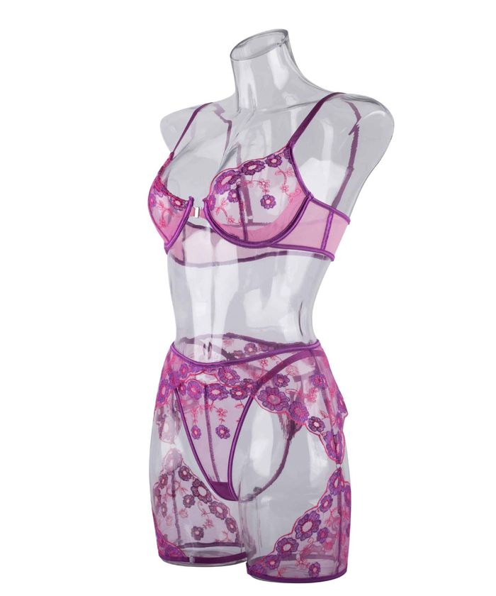 Pink Purple Lace Floral Cutout Lingerie