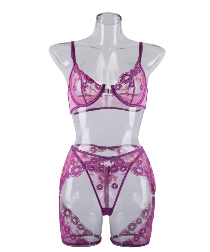 Pink Purple Lace Floral Cutout Lingerie