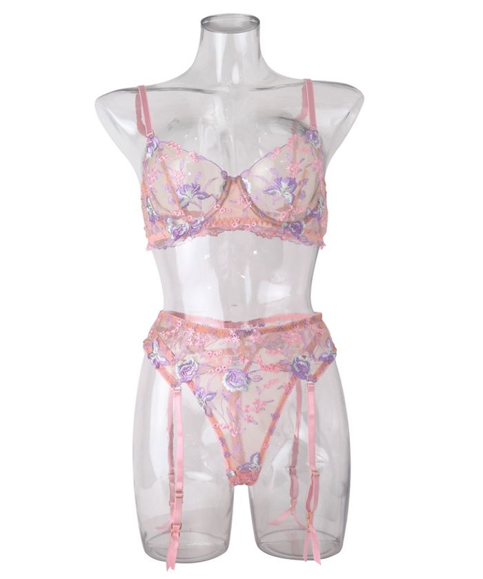 Purple Floral Embroidery Sheer Lingerie