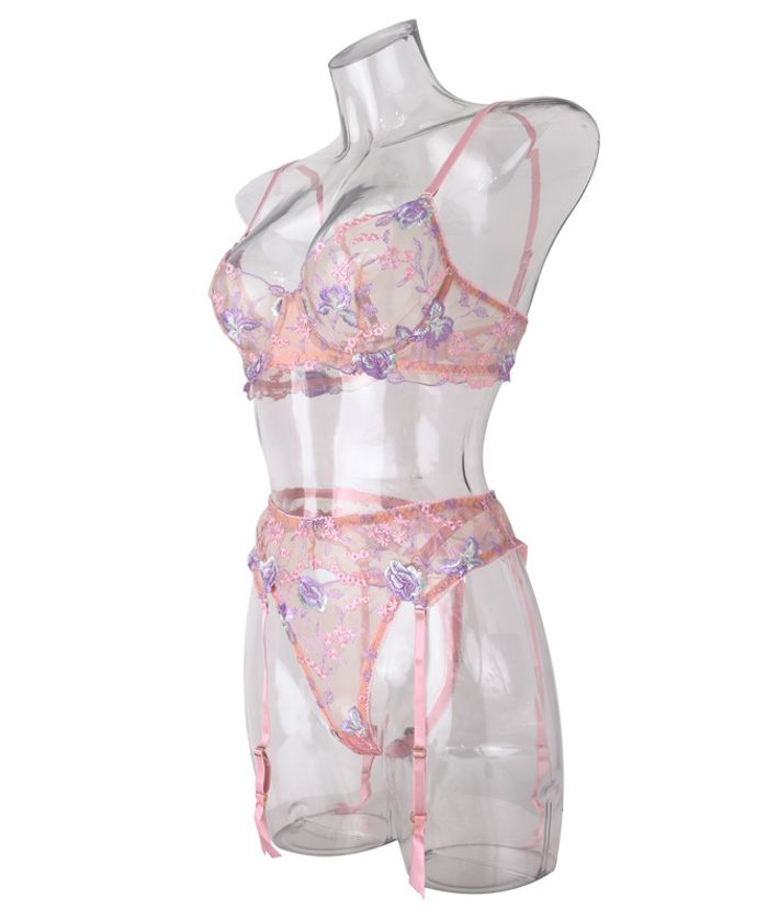 Purple Floral Embroidery Sheer Lingerie