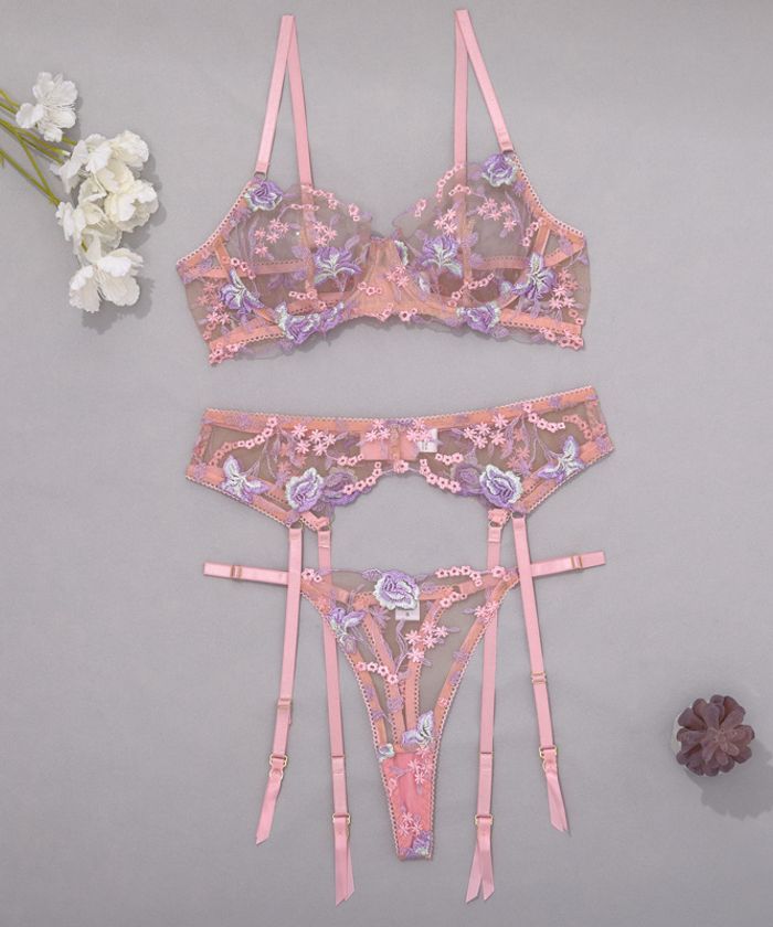 Purple Floral Embroidery Sheer Lingerie