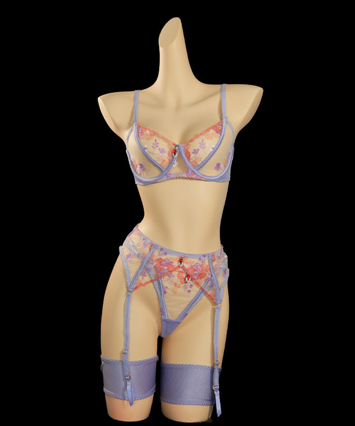 Purple Embroidered Underwire Garter Lingerie (1)