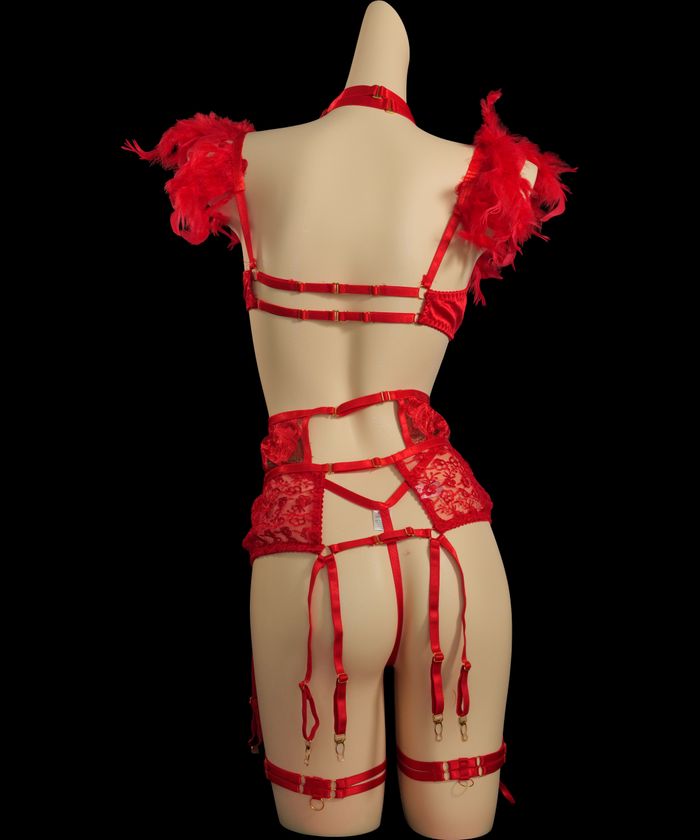 Red Lace-Up Feather Choker Lingerie (1)